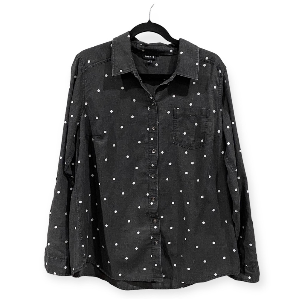 Torrid Polka Dot Button Front Chambray Shirt Grey… - image 1